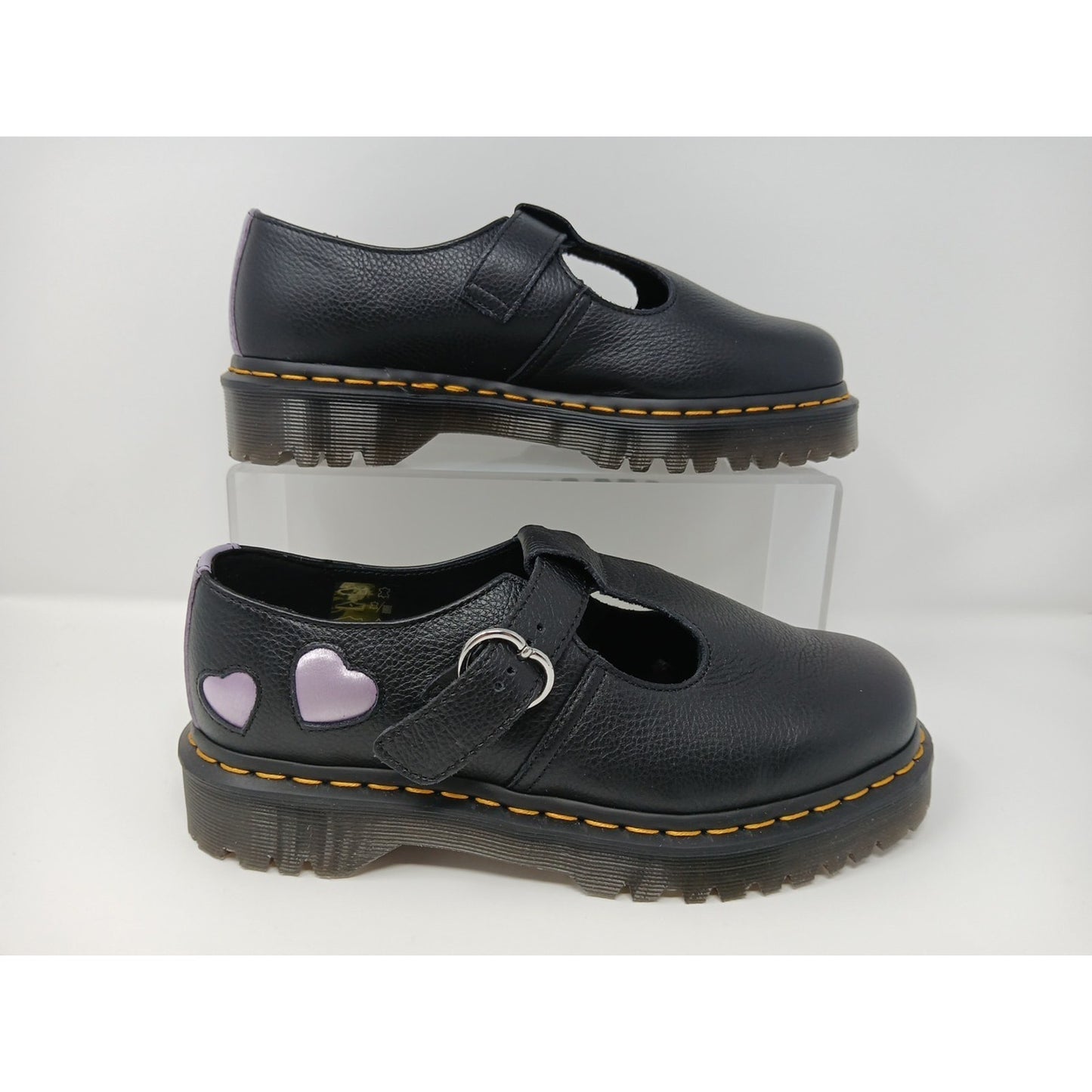 Dr. Martens Polley Heart Virginia Satin Mary Jane Leather BLK Shoes Sz 9 Y2K.